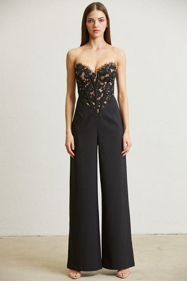 High Class Lace Trim Blazer 2 pcs Jumpsuit Set (Black) - Palazzo Couture Online