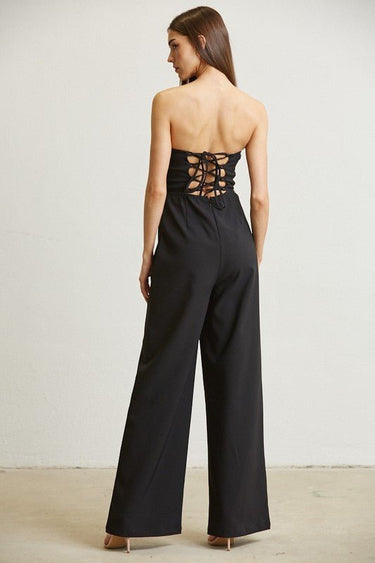 High Class Lace Trim Blazer 2 pcs Jumpsuit Set (Black) - Palazzo Couture Online