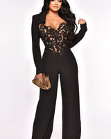 High Class Lace Trim Blazer 2 pcs Jumpsuit Set (Black) - Palazzo Couture Online