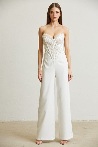 High Class Lace Trim Blazer 2 pcs Jumpsuit Set (white) - Palazzo Couture Online