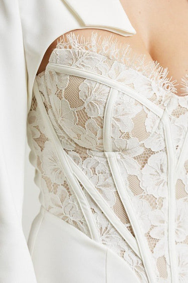 High Class Lace Trim Blazer 2 pcs Jumpsuit Set (white) - Palazzo Couture Online