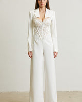 High Class Lace Trim Blazer 2 pcs Jumpsuit Set (white) - Palazzo Couture Online