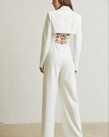 High Class Lace Trim Blazer 2 pcs Jumpsuit Set (white) - Palazzo Couture Online