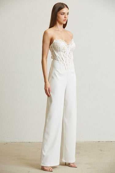 High Class Lace Trim Blazer 2 pcs Jumpsuit Set (white) - Palazzo Couture Online