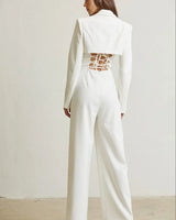 High Class Lace Trim Blazer 2 pcs Jumpsuit Set (white) - women's fashion jumpsuit for every occasion
