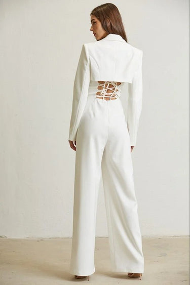 High Class Lace Trim Blazer 2 pcs Jumpsuit Set (white) - women's fashion jumpsuit for every occasion