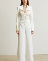 High Class Lace Trim Blazer 2 pcs Jumpsuit Set (white) - elegant jumpsuit for parties and events