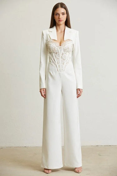 High Class Lace Trim Blazer 2 pcs Jumpsuit Set (white) - elegant jumpsuit for parties and events