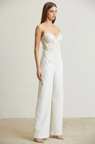 High Class Lace Trim Blazer 2 pcs Jumpsuit Set (white) - trendy women's jumpsuit