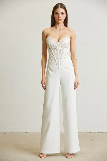 High Class Lace Trim Blazer 2 pcs Jumpsuit Set (white) - chic one-piece by Palazzo Couture