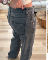 High-Rise Straight Leg Jeans with Embroidered Knee Detail - Gray close up of straight fabric and construction detail