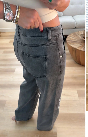 High-Rise Straight Leg Jeans with Embroidered Knee Detail - Gray close up of straight fabric and construction detail