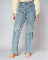 High-Rise Straight Leg Jeans with Embroidered Knee Detail close up of straight fabric and construction detail