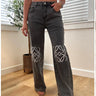 High-Rise Straight Leg Jeans with Embroidered Knee Detail - Gray front view showing jeans fit and silhouette
