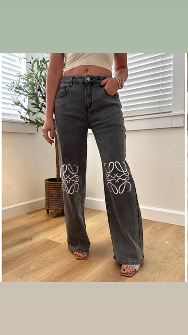 High-Rise Straight Leg Jeans with Embroidered Knee Detail - Gray front view showing jeans fit and silhouette