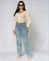 High-Rise Straight Leg Jeans with Embroidered Knee Detail front view showing jeans fit and silhouette