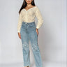 High-Rise Straight Leg Jeans with Embroidered Knee Detail front view showing jeans fit and silhouette