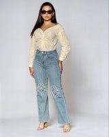 High - Rise Straight Leg Jeans with Embroidered Knee Detail - Palazzo Couture Online