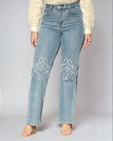 High - Rise Straight Leg Jeans with Embroidered Knee Detail - Palazzo Couture Online