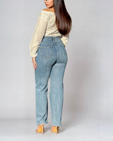 High - Rise Straight Leg Jeans with Embroidered Knee Detail - Palazzo Couture Online