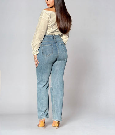High - Rise Straight Leg Jeans with Embroidered Knee Detail - Palazzo Couture Online
