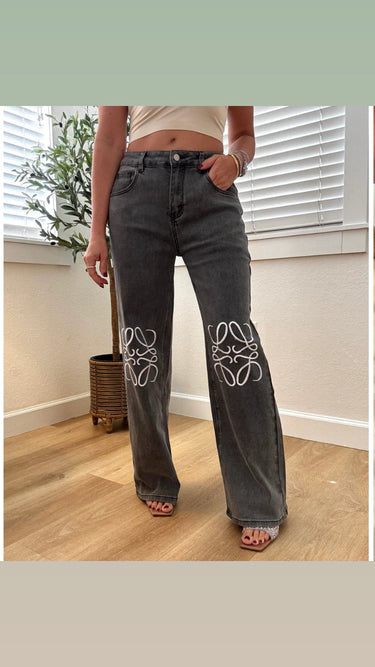 High - Rise Straight Leg Jeans with Embroidered Knee Detail - Gray - Palazzo Couture Online