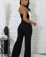 Side view of wide leg jumpsuit black – straight silhouette and leg length