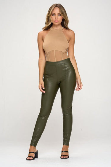 High Waist Skinny Faux Leather Pants (Olive) - Palazzo Couture Online