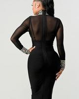 Holiday Mesh Contrast Print Bandage Midi Dress (Black) close up detail of mesh design