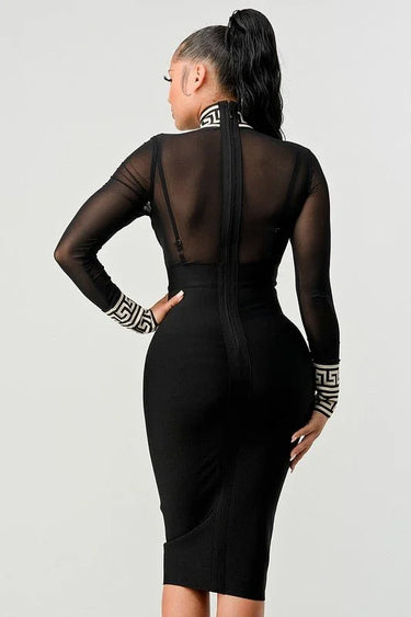 Holiday Mesh Contrast Print Bandage Midi Dress (Black) close up detail of mesh design