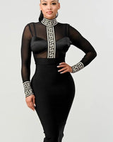 Holiday Mesh Contrast Print Bandage Midi Dress (Black) showing print detailing