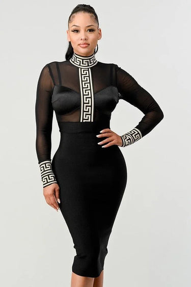 Holiday Mesh Contrast Print Bandage Midi Dress (Black) showing print detailing