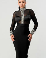 Holiday Mesh Contrast Print Bandage Midi Dress (Black) front view showing full midi length silhouette