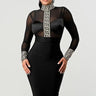 Holiday Mesh Contrast Print Bandage Midi Dress (Black) front view showing full midi length silhouette