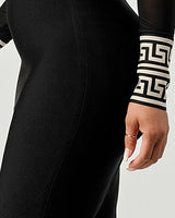 Holiday Mesh Contrast Print Bandage Midi Dress (Black) side view highlighting midi hemline