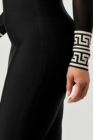 Holiday Mesh Contrast Print Bandage Midi Dress (Black) side view highlighting midi hemline