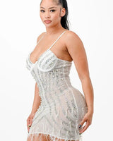 Hollywood Glamour Mini Dress (White) close up detail of elegant design