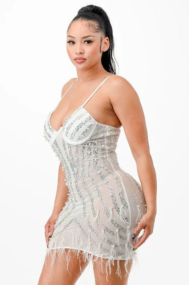 Hollywood Glamour Mini Dress (White) close up detail of elegant design