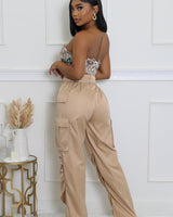 Beige wide leg pants – high‑waisted drawstring closure and wide‑leg silhouette