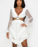 Honey Comb Mesh Mini Dress with Long Sleeves and Side Cutouts close up detail of long sleeve design