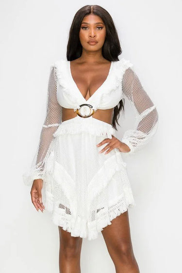 Honey Comb Mesh Mini Dress with Long Sleeves and Side Cutouts close up detail of long sleeve design