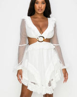 Honey Comb Mesh Mini Dress with Long Sleeves and Side Cutouts front view showing mini dress silhouette