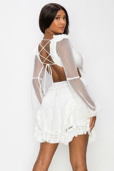 Honey Comb Mesh Mini Dress with Long Sleeves and Side Cutouts side view highlighting short hemline