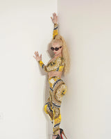 Hot Effect Printed Pant Set – Luxury Two-Piece Stretch Outfit close up of print top design and fabric detail