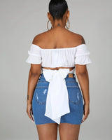Hot Stuff White Crop Top with Off Shoulder Neckline and Tie Back - trendy women's top