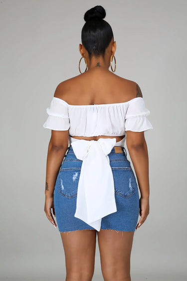 Hot Stuff White Crop Top with Off Shoulder Neckline and Tie Back - trendy women's top