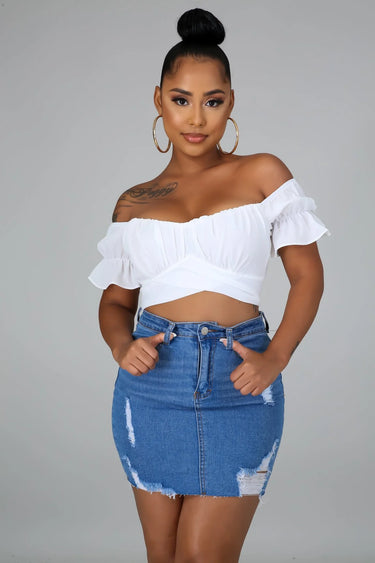 Hot Stuff White Crop Top with Off Shoulder Neckline and Tie Back - stylish going out crop top