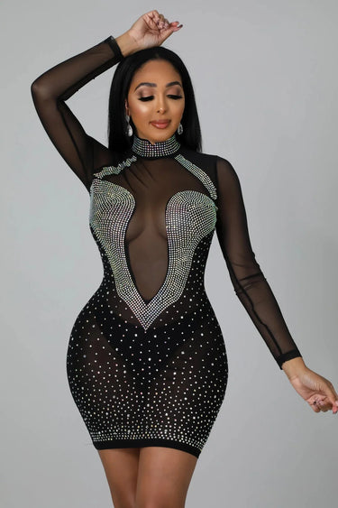 Hottest Nights Sheer Black Dress with Rhinestone Detail close up detail of elegant design