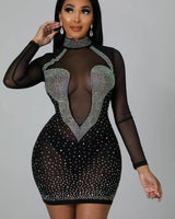 Hottest Nights Sheer Black Dress with Rhinestone Detail front view showing mini dress silhouette