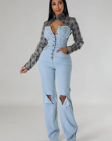 Hues Of Love Denim Jumpsuit with Stretch & Contrast Detail - front view